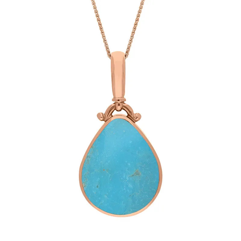 9ct Rose Gold Whitby Jet Turquoise Double Sided Pear Fob Necklace