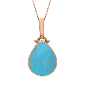 9ct Rose Gold Whitby Jet Turquoise Double Sided Pear Fob Necklace