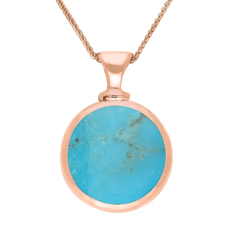 9ct Rose Gold Whitby Jet Turquoise Double Sided Round Dinky Fob Necklace