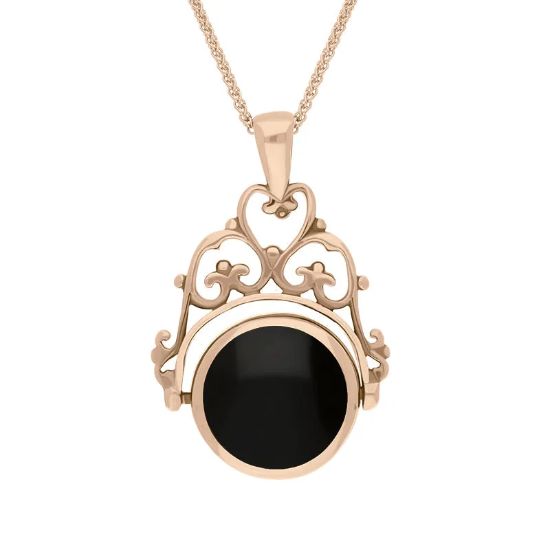 9ct Rose Gold Whitby Jet Turquoise Double Sided Round Swivel Fob Necklace