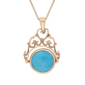 9ct Rose Gold Whitby Jet Turquoise Double Sided Round Swivel Fob Necklace