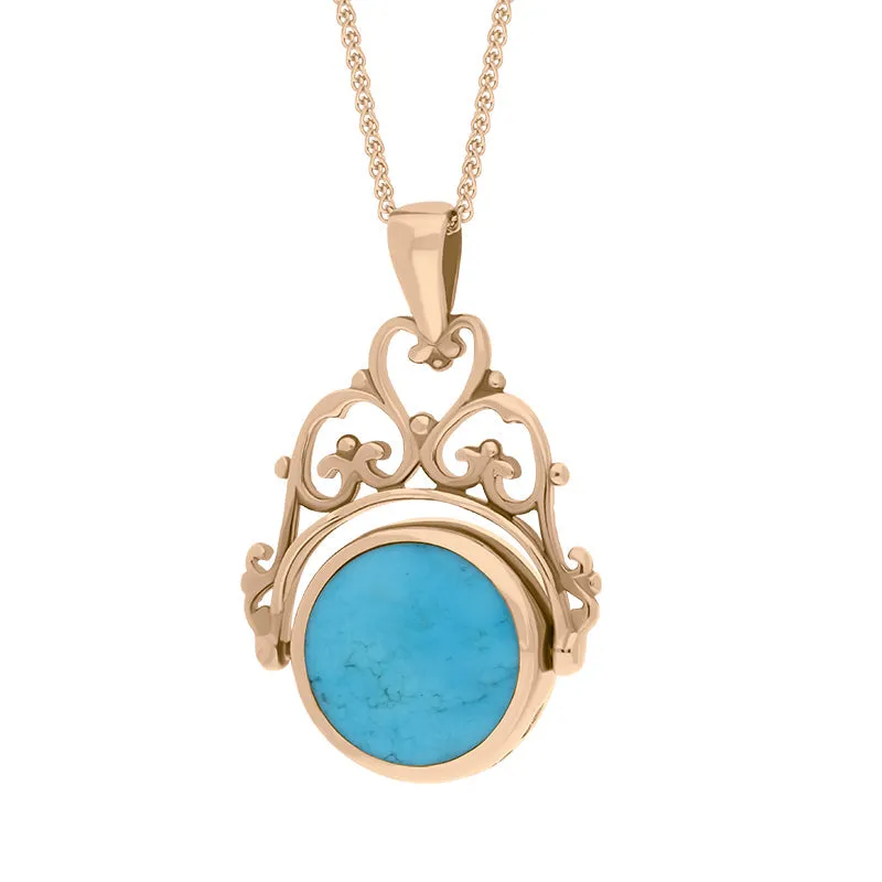 9ct Rose Gold Whitby Jet Turquoise Double Sided Round Swivel Fob Necklace
