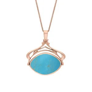 9ct Rose Gold Whitby Jet Turquoise Marquise Swivel Fob Necklace