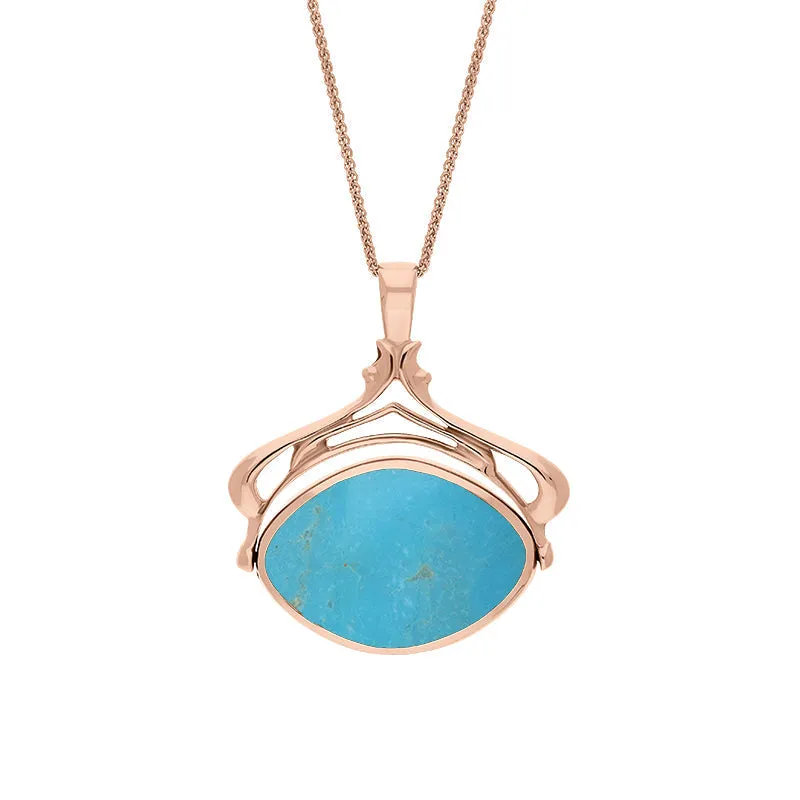 9ct Rose Gold Whitby Jet Turquoise Marquise Swivel Fob Necklace
