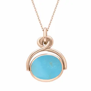 9ct Rose Gold Whitby Jet Turquoise Oval Swivel Fob Necklace