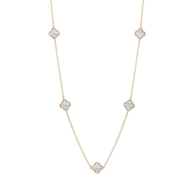 9ct Rose Gold White Mother of Pearl Bloom Four Leaf Clover Ball Edge Necklace