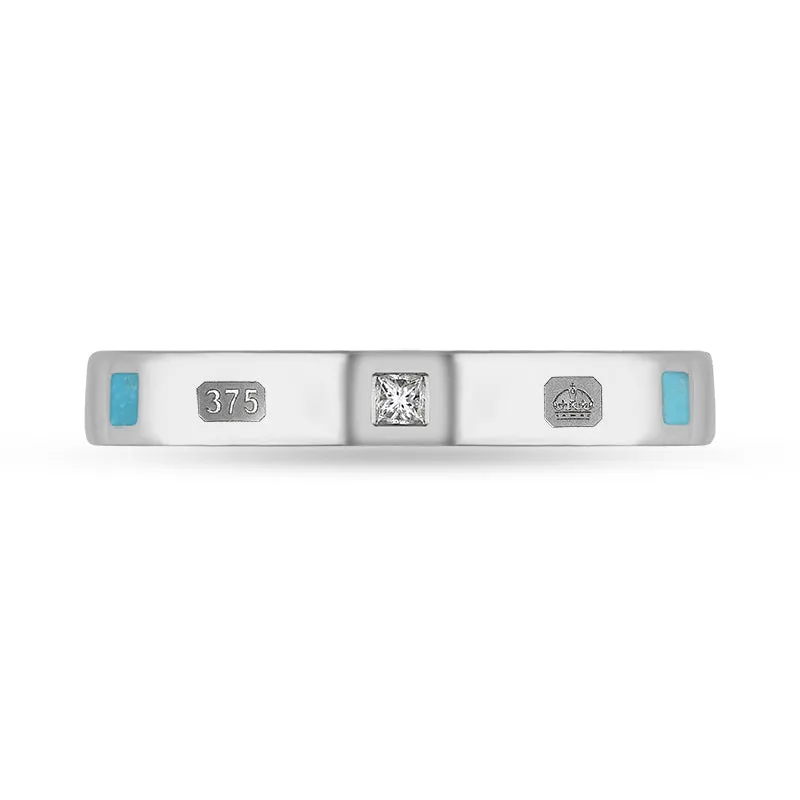 9ct White Gold 0.05ct Diamond Turquoise King's Coronation Hallmark Princess Cut 3mm Ring D