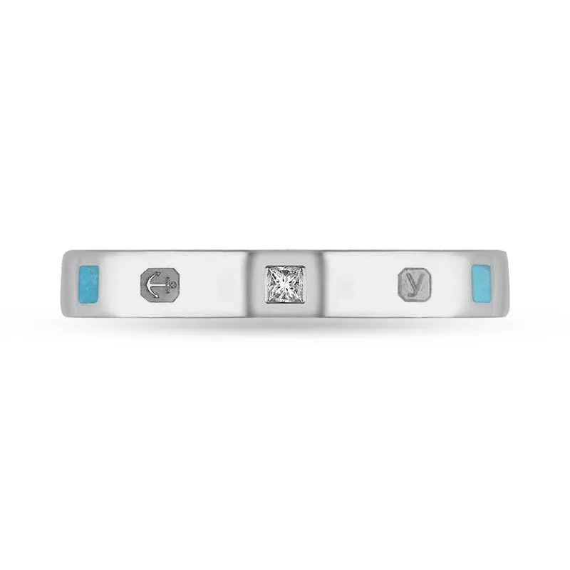 9ct White Gold 0.05ct Diamond Turquoise King's Coronation Hallmark Princess Cut 3mm Ring D