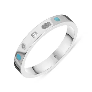 9ct White Gold 0.05ct Diamond Turquoise King's Coronation Hallmark Princess Cut 3mm Ring D