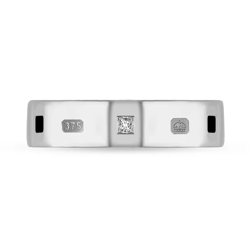 9ct White Gold 0.12ct Diamond Whitby Jet King's Coronation Hallmark Princess Cut 5mm Ring D