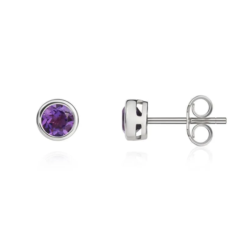 9ct White Gold Amethyst 4mm Round Rub Over Set Stud Earrings