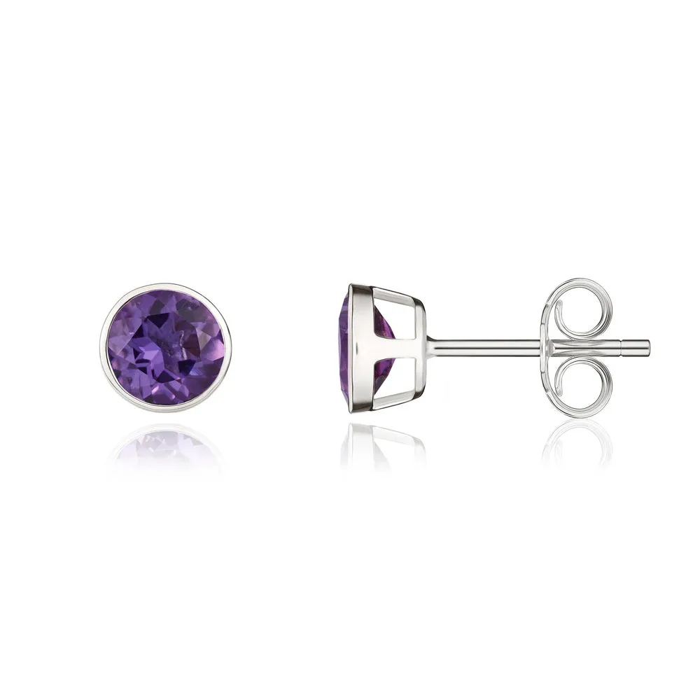 9ct White Gold Amethyst 5mm Round Rub Over Set Stud Earrings