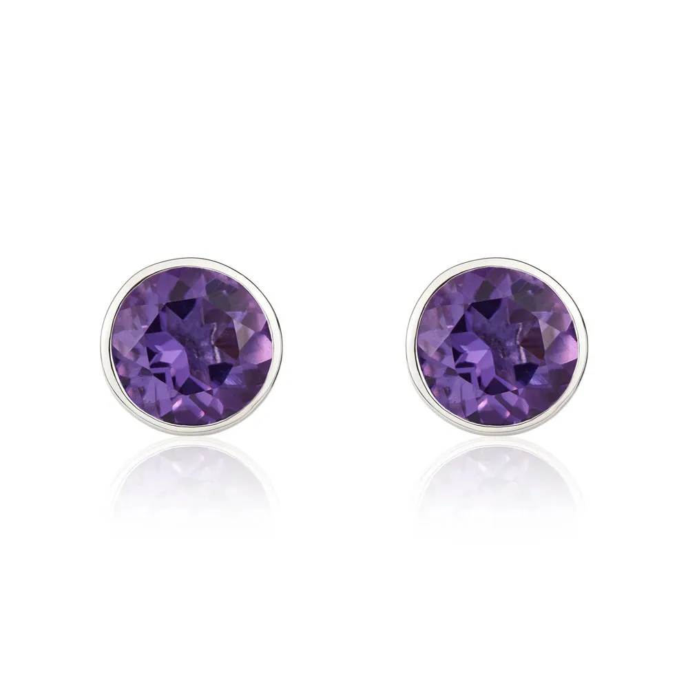 9ct White Gold Amethyst 5mm Round Rub Over Set Stud Earrings