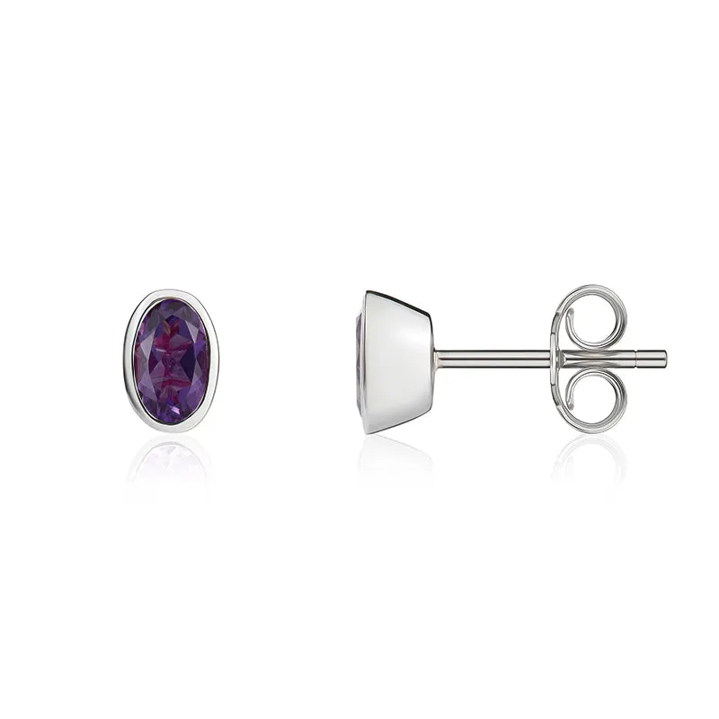 9ct White Gold Amethyst 5x3mm Oval Rub Over Set Stud Earrings