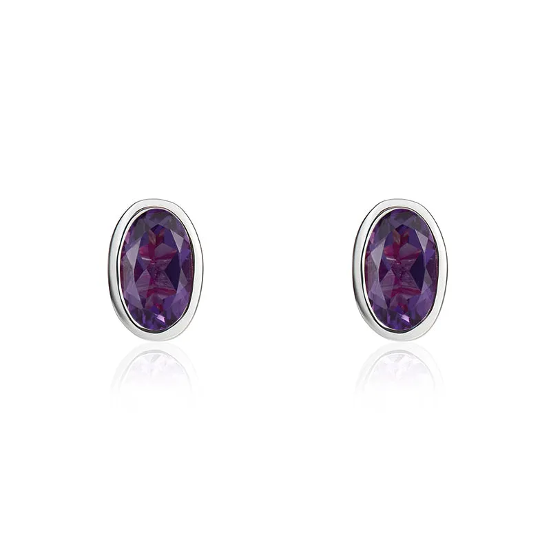 9ct White Gold Amethyst 5x3mm Oval Rub Over Set Stud Earrings