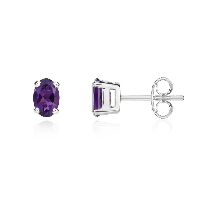 9ct White Gold Amethyst 6x4mm Oval Claw Set Stud Earrings