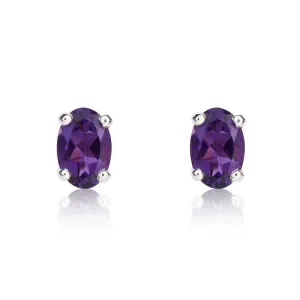9ct White Gold Amethyst 6x4mm Oval Claw Set Stud Earrings