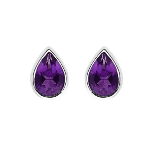 9ct White Gold Amethyst 6x4mm Pear Rub Over Set Stud Earrings