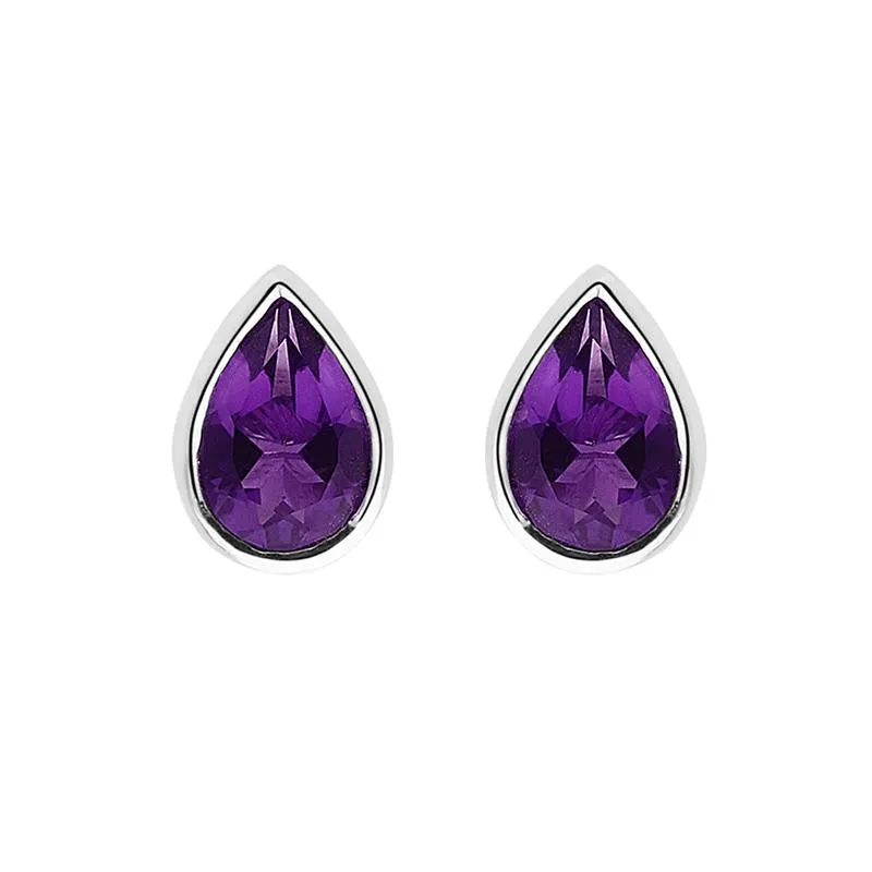 9ct White Gold Amethyst 6x4mm Pear Rub Over Set Stud Earrings