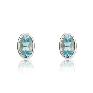9ct White Gold Aquamarine 5x3mm Oval Rub Over Set Stud Earrings