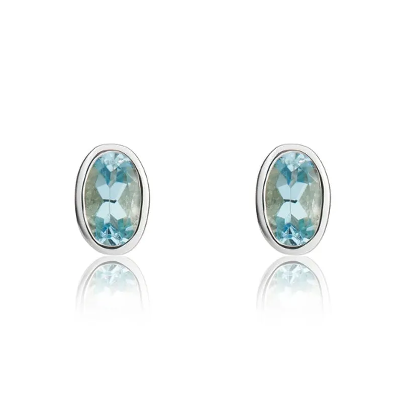 9ct White Gold Aquamarine 5x3mm Oval Rub Over Set Stud Earrings