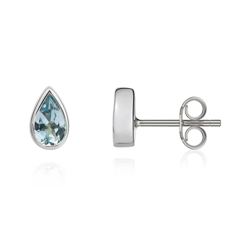 9ct White Gold Aquamarine 6x4mm Pear Rub Over Set Stud Earrings