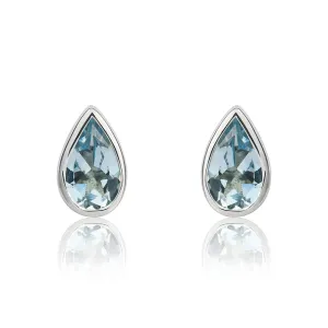 9ct White Gold Aquamarine 6x4mm Pear Rub Over Set Stud Earrings