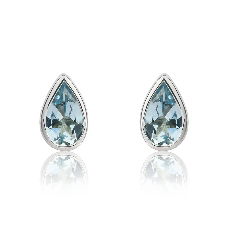 9ct White Gold Aquamarine 6x4mm Pear Rub Over Set Stud Earrings