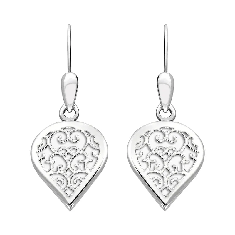 9ct White Gold Bauxite Flore Filigree Heart Drop Earrings