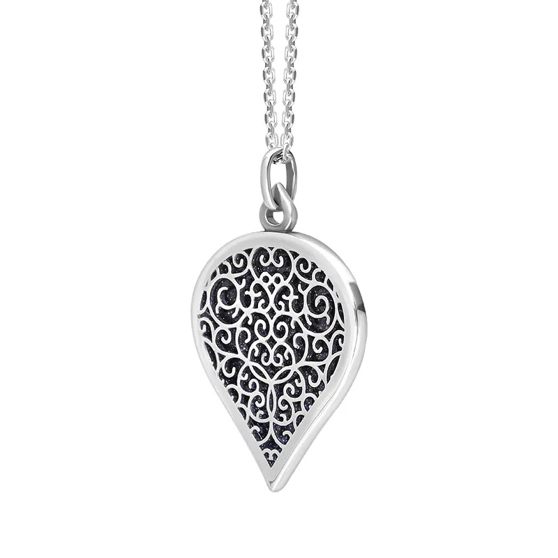 9ct White Gold Blue Goldstone Flore Filigree Large Heart Necklace