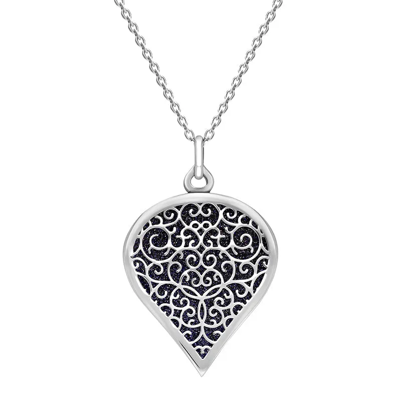 9ct White Gold Blue Goldstone Flore Filigree Large Heart Necklace