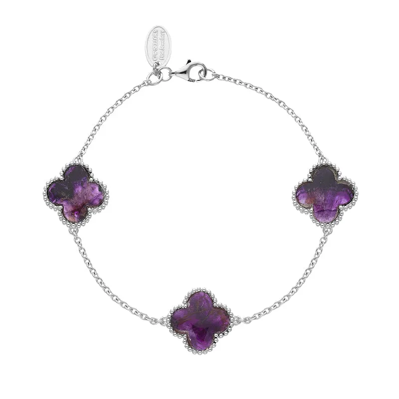9ct White Gold Blue John Bloom Four Leaf Clover Ball Edge Chain Bracelet