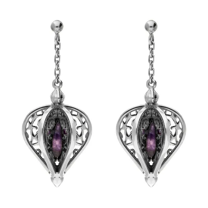 9ct White Gold Blue John Flore Filigree Drop Earrings
