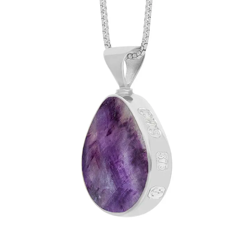 9ct White Gold Blue John Mother of Pearl King's Coronation Hallmark Double Sided Pear-shaped Necklace D