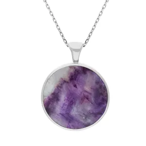 9ct White Gold Blue John Mother Of Pearl Large Double Sided Round Fob Necklace