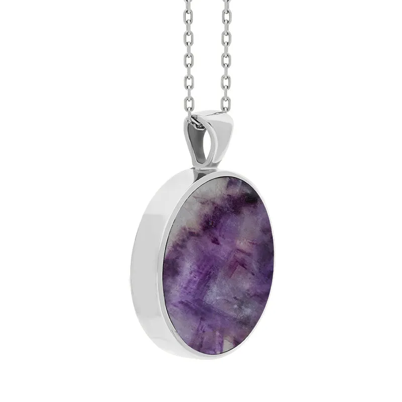 9ct White Gold Blue John Mother Of Pearl Large Double Sided Round Fob Necklace