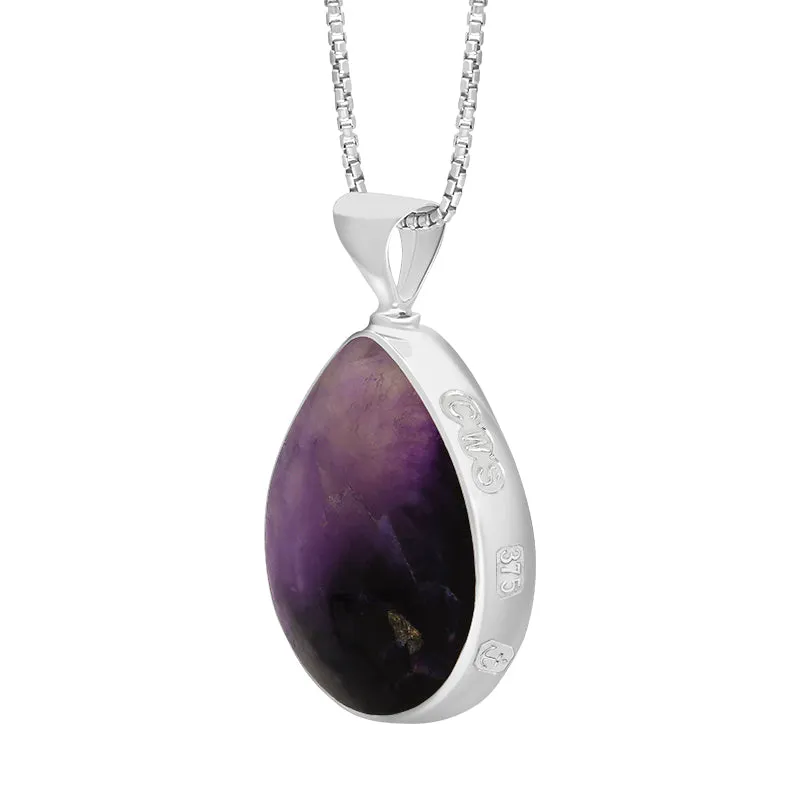9ct White Gold Blue John Mother of Pearl Queens Jubilee Hallmark Double Sided Pear-shaped Necklace D