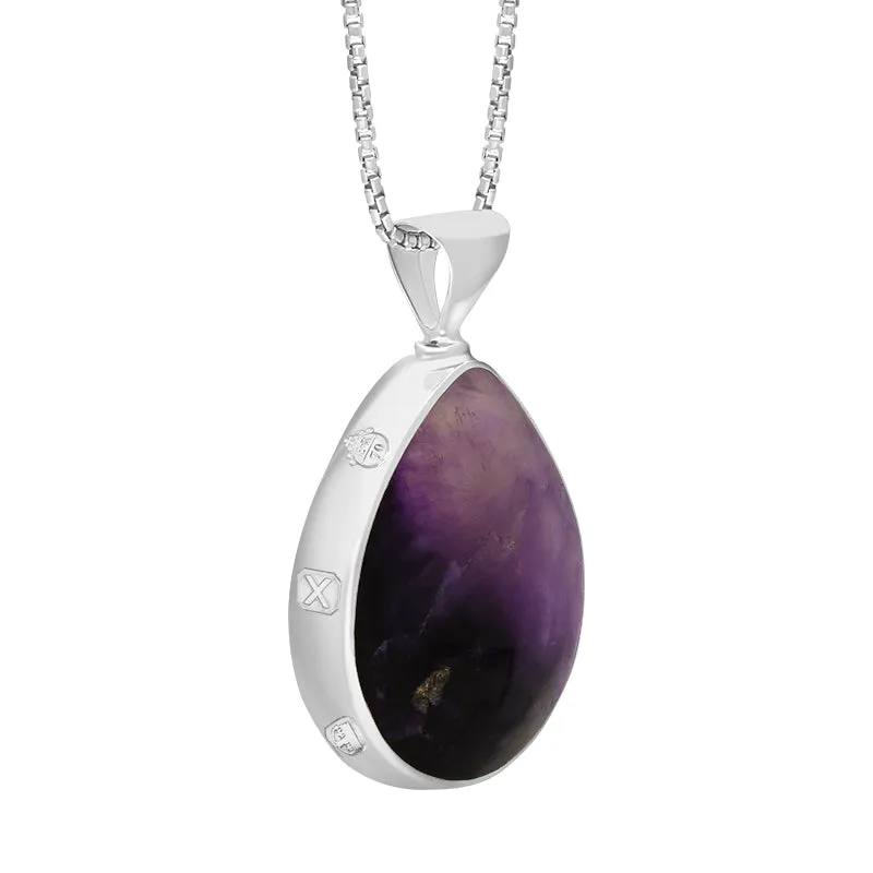 9ct White Gold Blue John Mother of Pearl Queens Jubilee Hallmark Double Sided Pear-shaped Necklace D