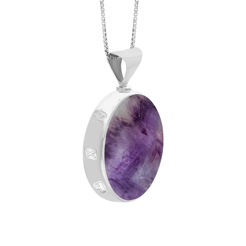 9ct White Gold Blue John Mother of Pearl Queens Jubilee Hallmark Double Sided Round Necklace D
