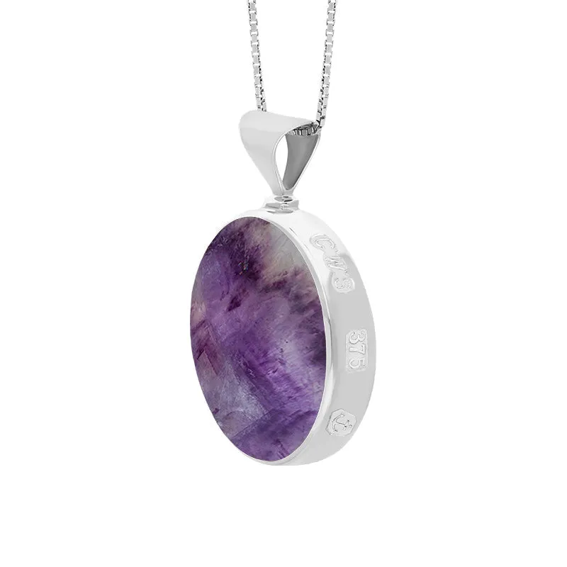 9ct White Gold Blue John Mother of Pearl Queens Jubilee Hallmark Double Sided Round Necklace D