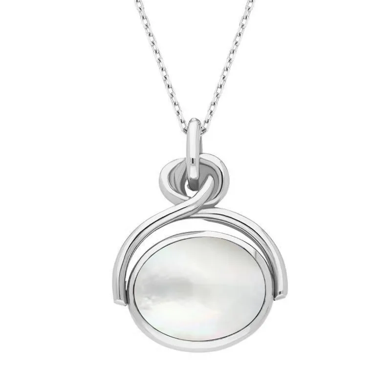 9ct White Gold Blue John White Mother of Pearl Oval Swivel Fob Necklace