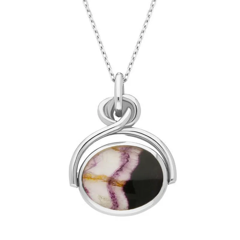 9ct White Gold Blue John White Mother of Pearl Oval Swivel Fob Necklace