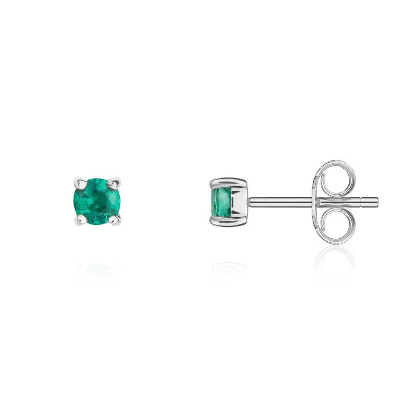 9ct White Gold Emerald 3mm Round Claw Set Stud Earrings