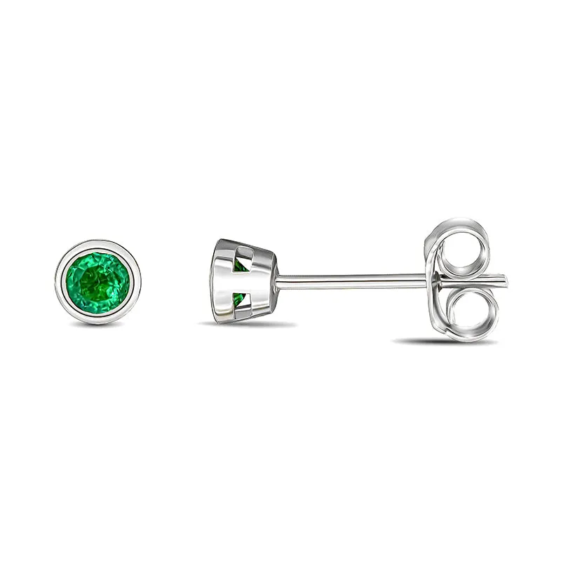9ct White Gold Emerald 3mm Round Rub Over Set Stud Earrings