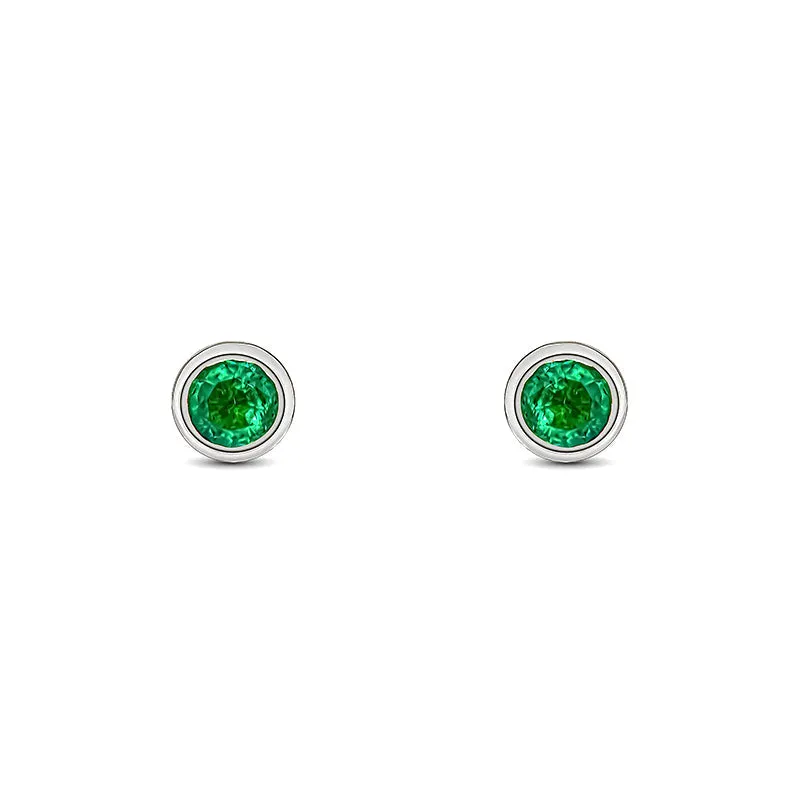 9ct White Gold Emerald 3mm Round Rub Over Set Stud Earrings