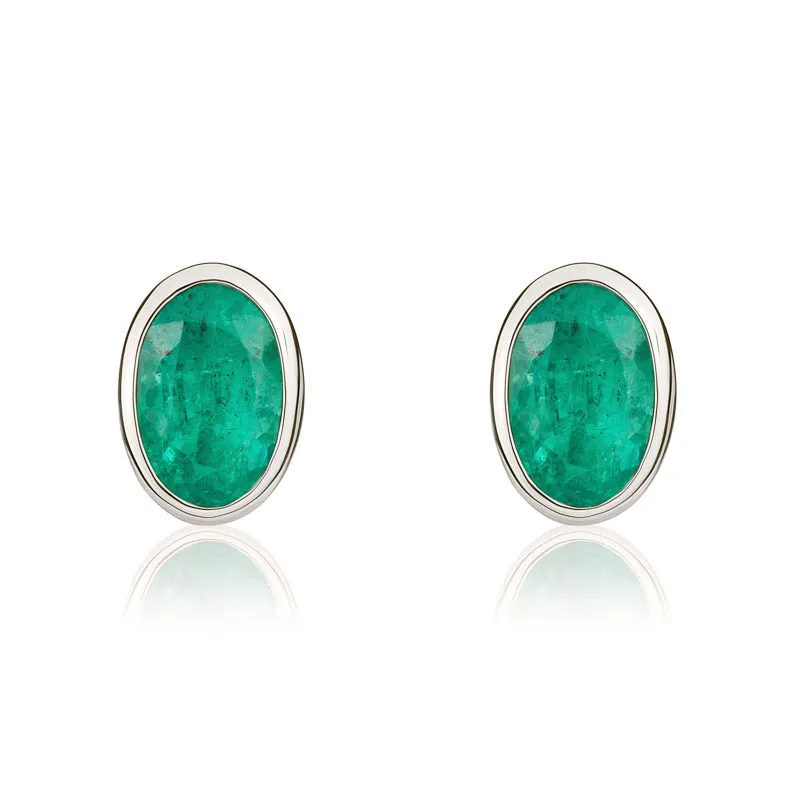 9ct White Gold Emerald 6x4mm Oval Rub Over Set Stud Earrings