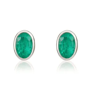 9ct White Gold Emerald 6x4mm Oval Rub Over Set Stud Earrings