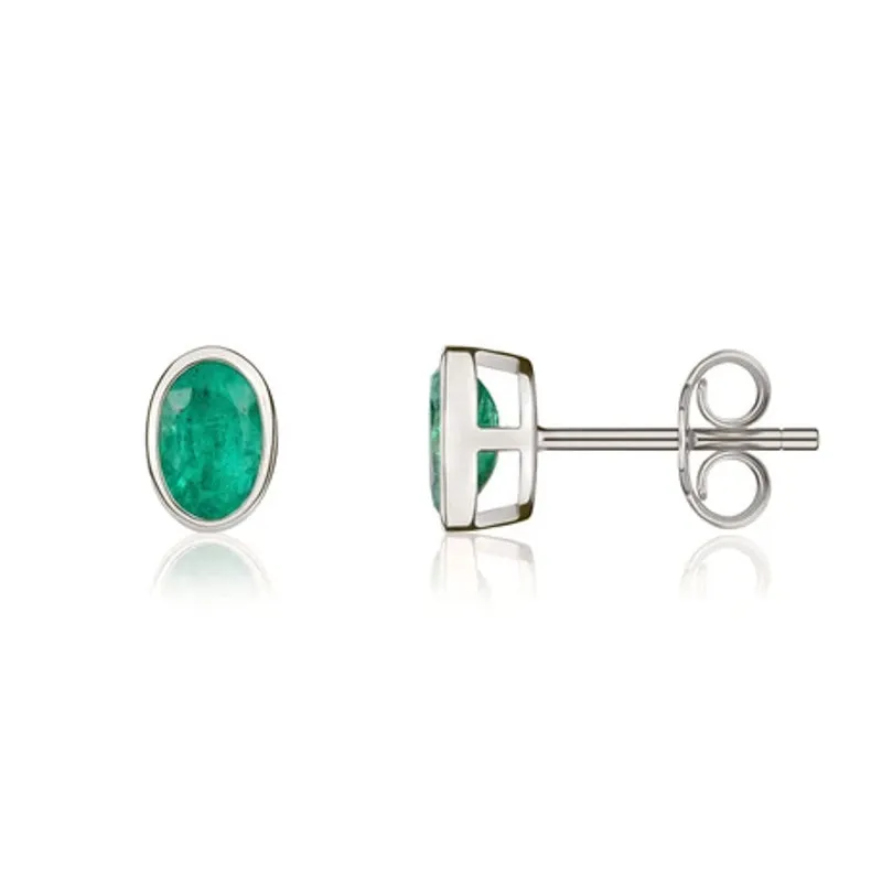 9ct White Gold Emerald 6x4mm Oval Rub Over Set Stud Earrings