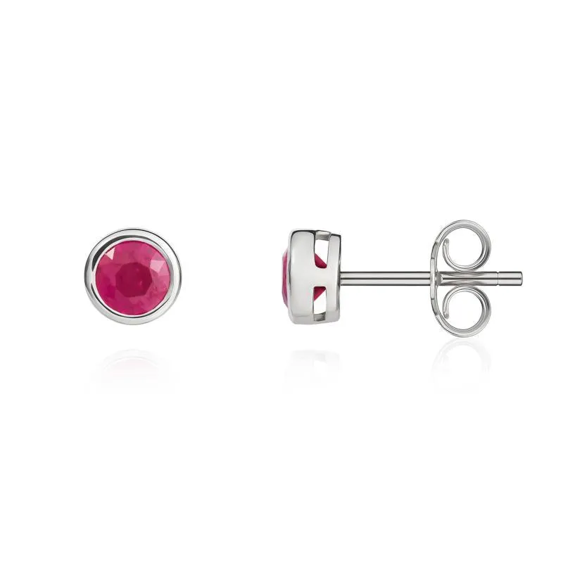 9ct White Gold Ruby 4mm Round Rub Over Set Stud Earrings