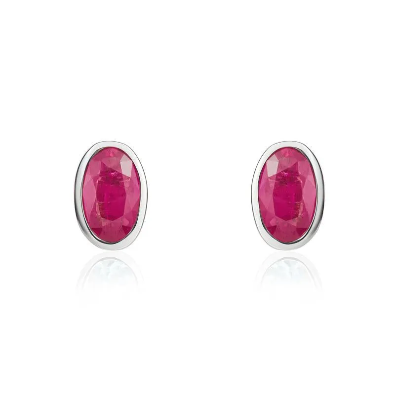 9ct White Gold Ruby 5x3mm Oval Rub Over Set Stud Earrings